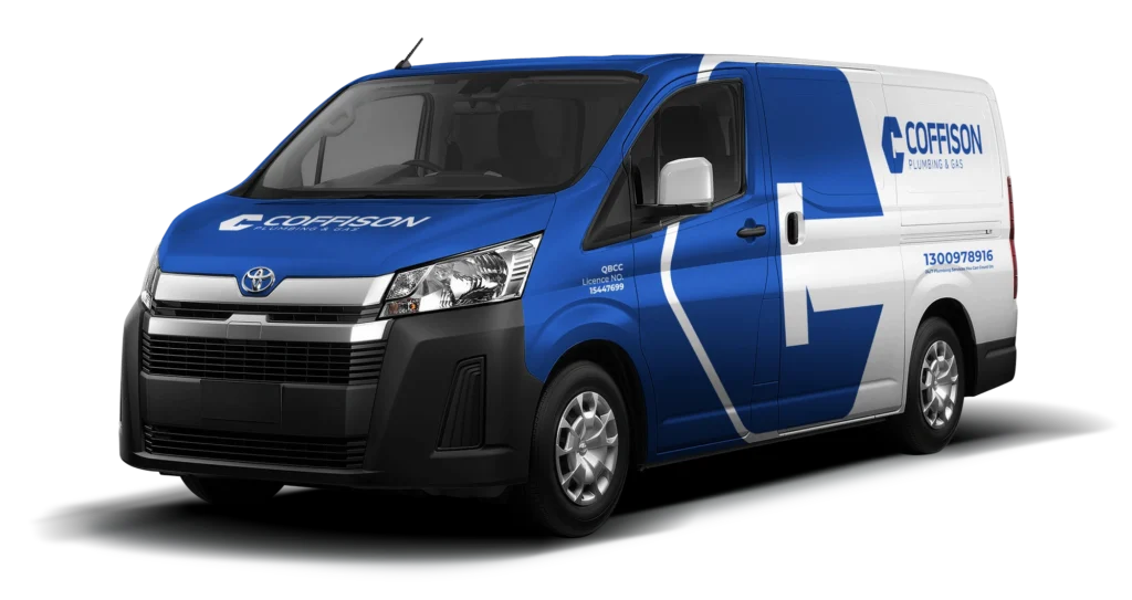 2025 Toyota HiAce van front view, used for plumbing services by Coffison Plumbing & Gas.