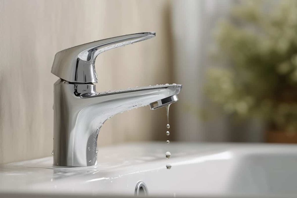 Close-up of a chrome bathroom tap dripping water, indicating a leaking tap issue.