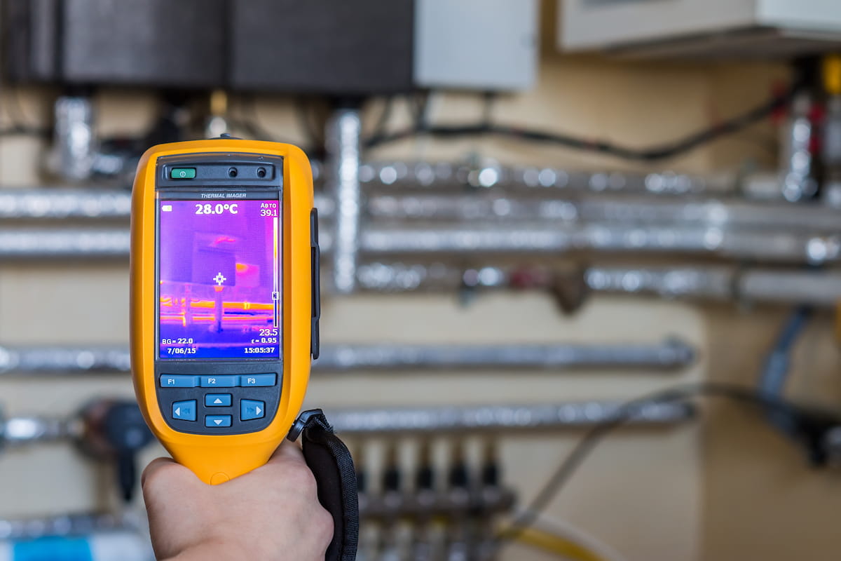 Plumber using a thermal imaging camera to detect a burst pipe behind a wall or insulation.
