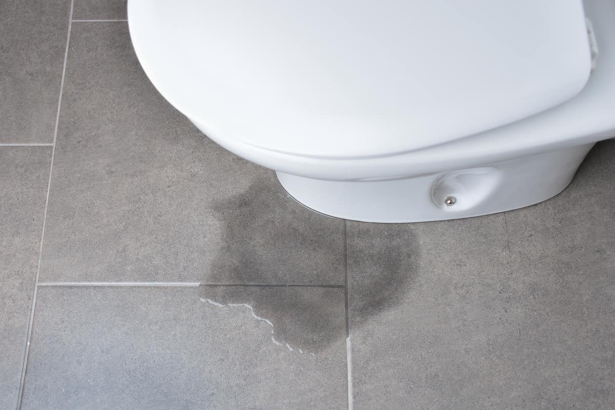 Water leaking from the base of a toilet onto tiled bathroom floor in a Brisbane home.