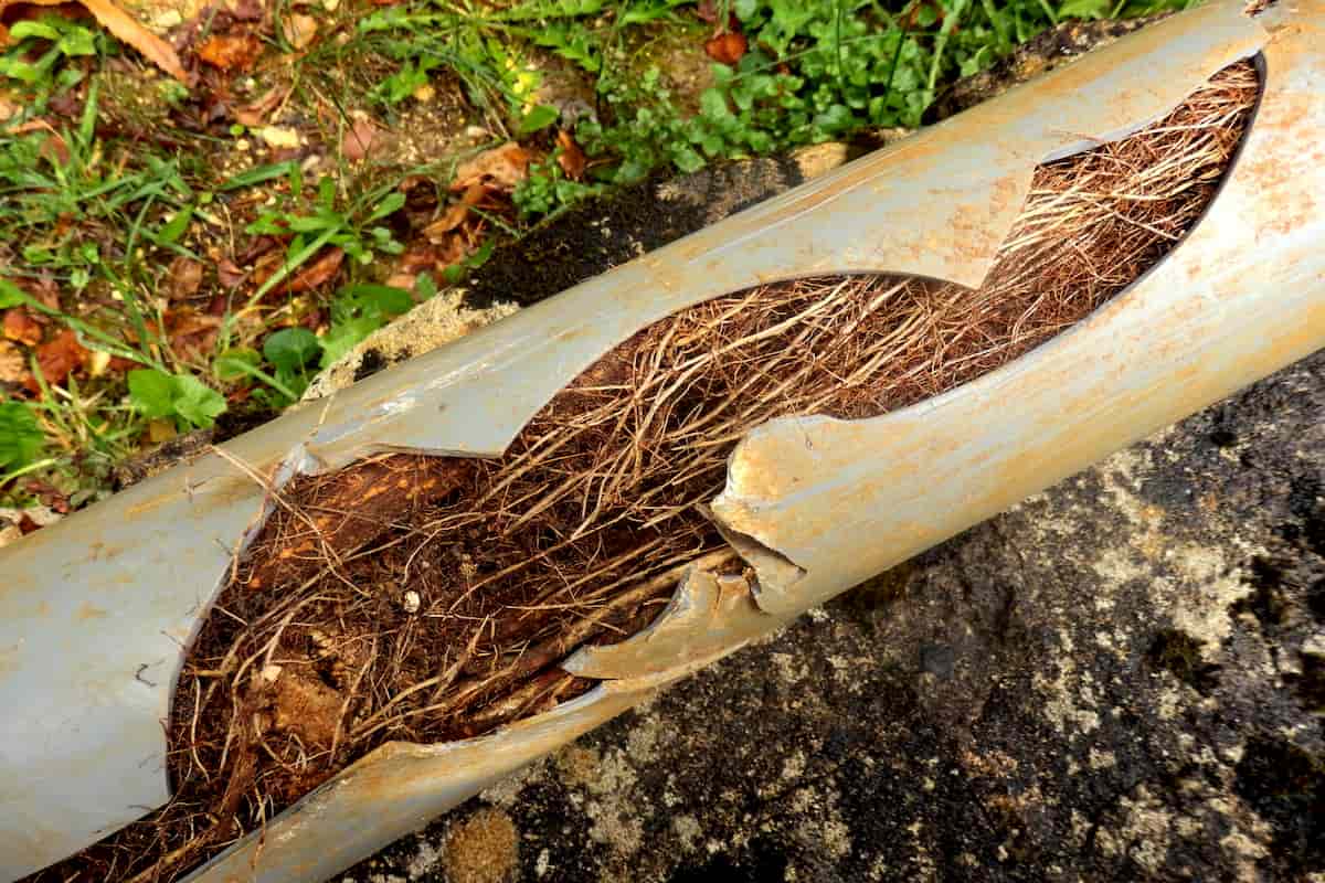 Tree roots growing inside and splitting a cracked drain pipe, causing a severe blockage.