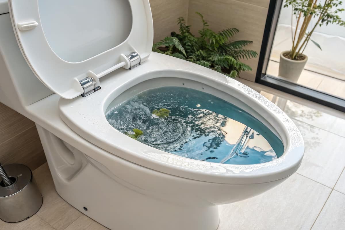 Overflowing toilet bowl with water rising, indicating a plumbing blockage emergency.