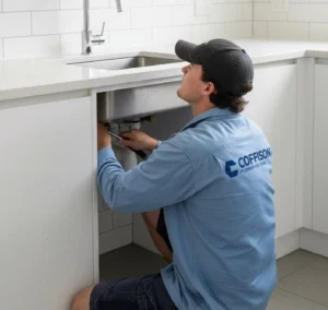A plumber from Coffison Plumbing & Gas fixing a plumbing issue at a residential property.