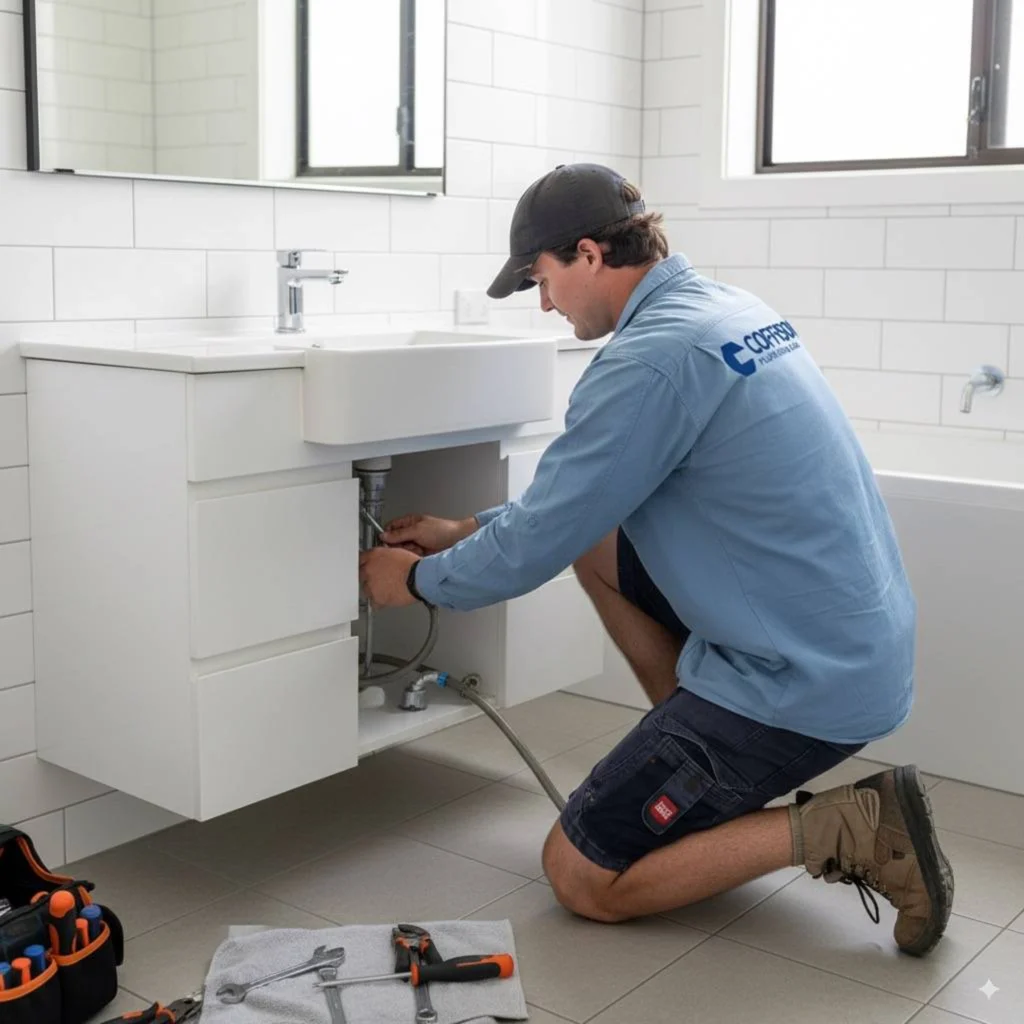 Coffison Plumbing & Gas team member performing plumbing repairs in a customer's home.